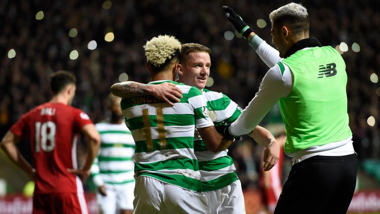 Celtic’s Jonathan Hayes (centre) celebrates with Celtic’s Scott Sinclair and Celtic’s Nir Britton after scoring the second goal during the Scottish P