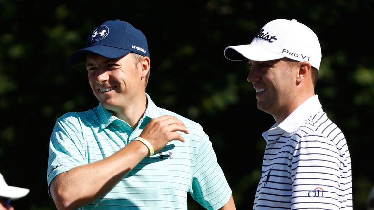 DUBLIN, OH - JUNE 01:  Jordan Spieth talks to Justin Thomas on the tee on the 15th hole during the first round of the Memorial Tournament at Muirfield Vill