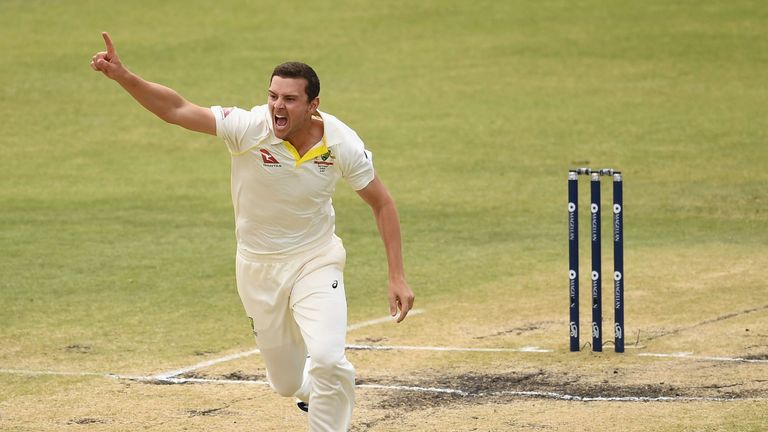 Josh Hazlewood of Australia celebrates after taking the wicket of Jonny Bairstow of England during day five
