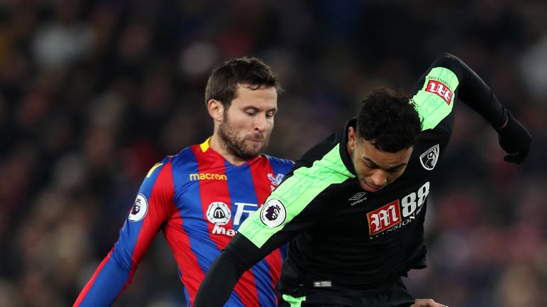 LONDON, ENGLAND - DECEMBER 09: Joshua King of AFC Bournemouth is challenged by Yohan Cabaye of Crystal Palace during the Premier League match between Cryst