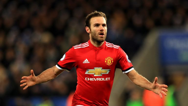 Manchester United's Juan Mata celebrates scoring his side's second goal of the game during the Premier League match at the King Power Stadium, Leicester.