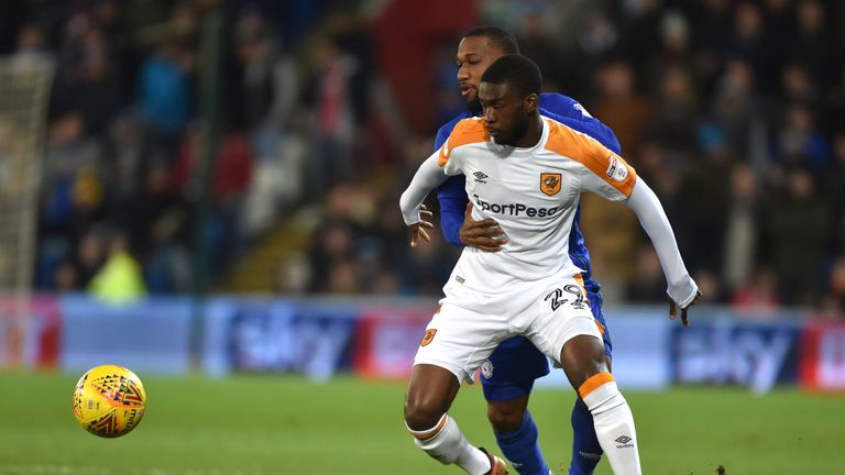 Cardiff City's Junior Hoilett and Hull City's Fiyako Tomori during the Sky Bet Championship match at the Cardiff City Stadium