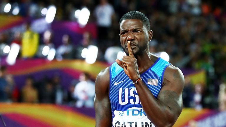 Justin Gatlin of the United States raises a finger to his lips to following his win in the World Men's 100 metres final in 9.92 sec