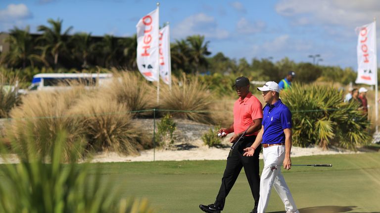NASSAU, BAHAMAS - DECEMBER 03:  Justin Thomas of the United States and Tiger Woods of the United States walk during the final round of the Hero World Chall
