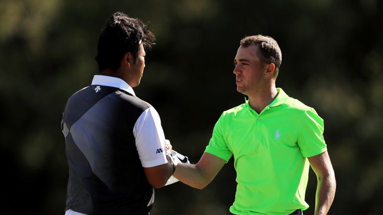 LAHAINA, HI - JANUARY 08:  Justin Thomas of the United States shakes hands with Hideki Matsuyama of Japan after winning during the final round of the SBS T