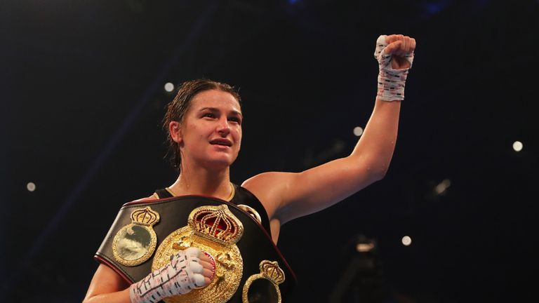 CARDIFF, WALES - OCTOBER 28:  Katie Taylor celebrates victory after the WBA Lightweight World Championship contest against Anahi Sanchez at Principality St