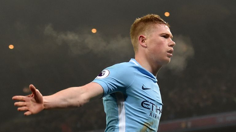 Kevin De Bruyne celebrates after doubling City's advantage