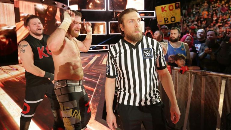 Daniel Bryan left the ring with Sami Zayn and Kevin Owens after their win over Randy Orton and Shinsuke Nakamura