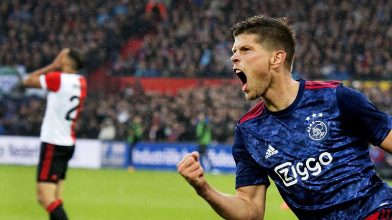 Ajax's Klaas Jan Huntelaar celebrates after scoring against Feyenoord during the Netherlands Eredivisie match between Feyenoord Rotterdam and Ajax Amsterda