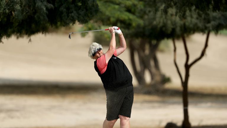 DUBAI, UNITED ARAB EMIRATES - DECEMBER 08:  Laura Davies of England plays her second shot on the par 4, 14th hole during the third round of the 2017 Dubai 