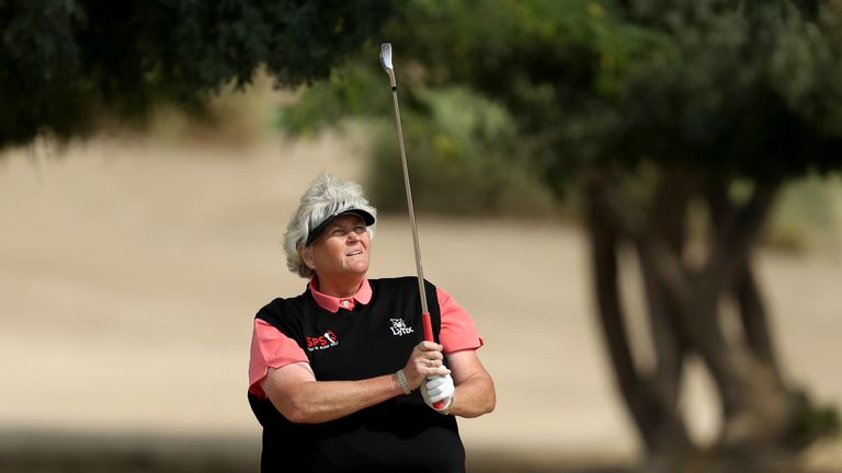DUBAI, UNITED ARAB EMIRATES - DECEMBER 08:  Laura Davies of England plays her second shot on the par 4, 14th hole during the third round of the 2017 Dubai 