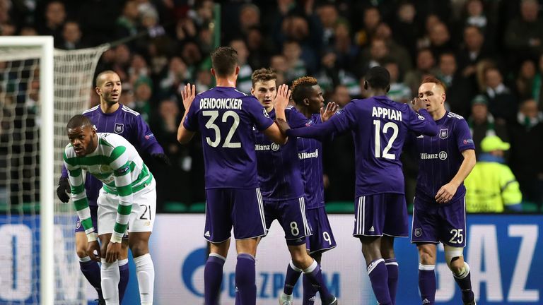 Leander Dendoncker and Pieter Gerkens celebrate Anderlecht's opening goal