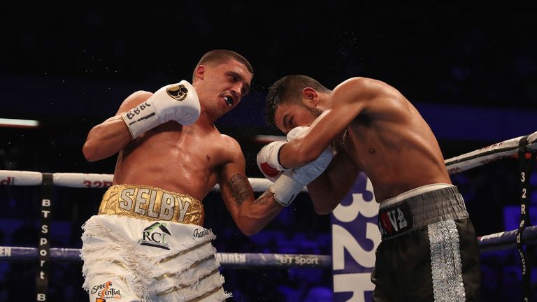 Lee Selby (L) in action as he beats Eduardo Ramirez in the IBF World Featherweight Championship fight at Copper Box Arena