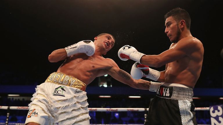 Lee Selby (L) in action as he beats Eduardo Ramirez in the IBF World Featherweight Championship fight at Copper Box Arena