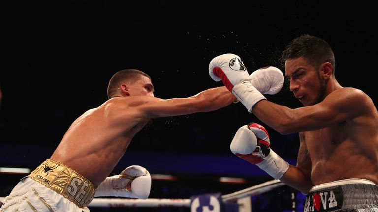  Lee Selby (L) in action as he beats Eduardo Ramirez in the IBF World Featherweight Championship fight at Copper Box Arena o