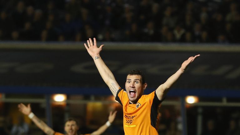 BIRMINGHAM, ENGLAND - DECEMBER 04:  Leo Bonatini of Wolverhampton Wanderers celebrates scoring his sides first goal during the Sky Bet Championship match b