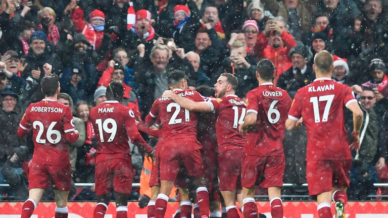 Liverpool players congratulate Mohamed Salah after he makes it 1-0