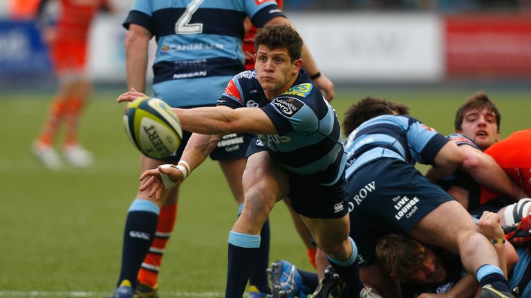 CARDIFF, WALES - FEBRUARY 07: Lloyd Williams of Cardiff passes the ball out the back of a ruck during the LV= Cup match between Cardiff Blues and Leicester