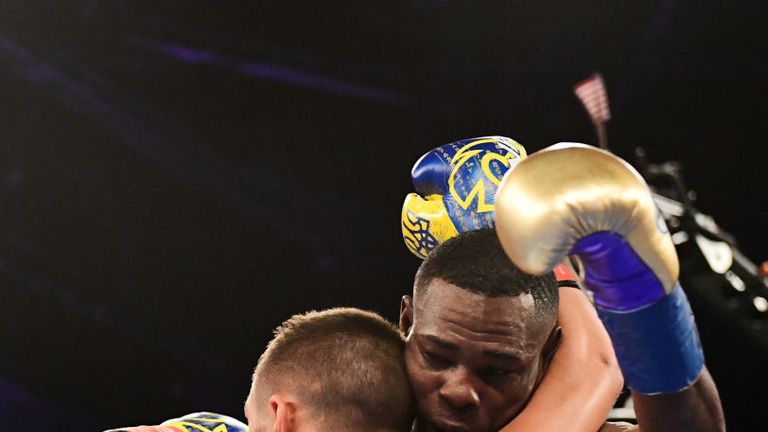  Vasiliy Lomachenko (L) and Guillermo Rigondeaux get tangled up during their Junior Lightweight bout at Madison Square Garden on