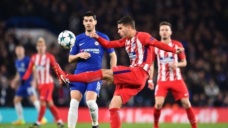 Atletico Madrid's French defender Lucas Hernandez kicks the ball away during a UEFA Champions League Group C football match between Chelsea and Atletico Ma