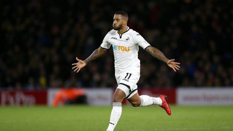 Swansea City's Luciano Narsingh celebrates scoring his side's second goal at Watford