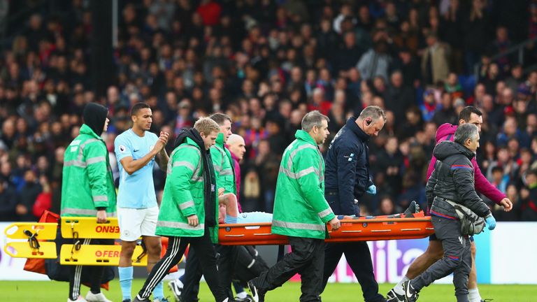 Kevin De Bruyne of Manchester City is stretchered off against Crystal Palace