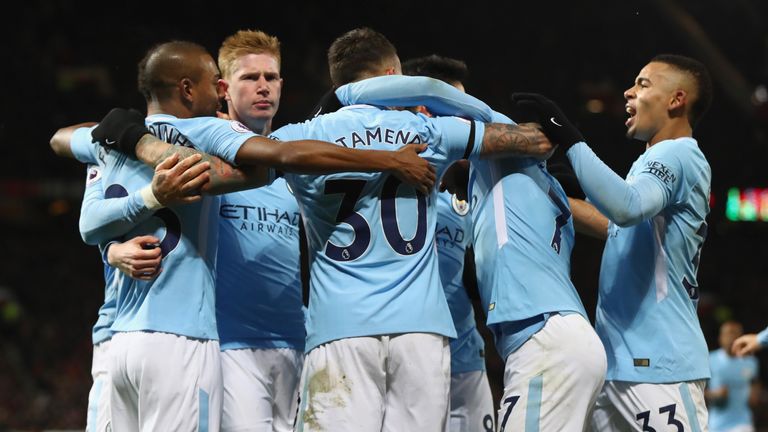 Nicolas Otamendi of Manchester City celebrates scoring the 2nd Manchester City goal with team-mates during the Premier League match