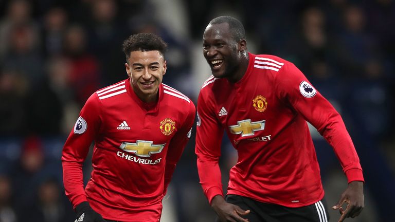 Manchester United's Jesse Lingard (left) celebrates after scoring his side's first goal of the game with team-mate Romelu Lukaku during the Premier League 