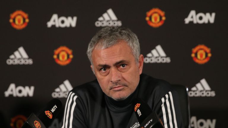 Manager Jose Mourinho of Manchester United speaks during a press conference at Aon Training Comple