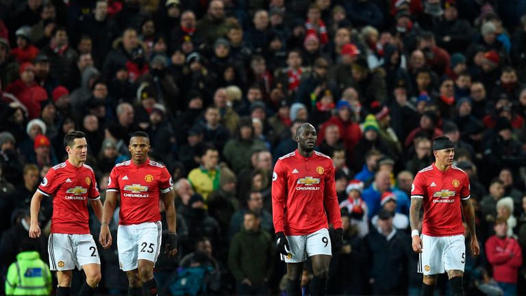 Manchester United's Belgian striker Romelu Lukaku (2R), Manchester United's Argentinian defender Marcos Rojo (R), Manchester United's Spanish midfielder An