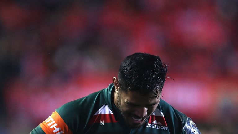 Manu Tuilagi of Leicester Tigers looks dejected after his team lost to Munster 