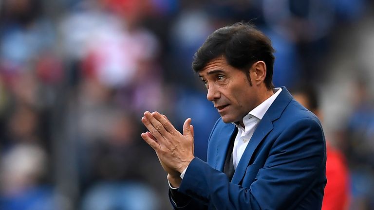 Valencia's Spanish coach Marcelino Garcia Toral gestures during the Spanish league football match RCD Espanyol vs Valencia CF at the RCDE Stadium in Corne