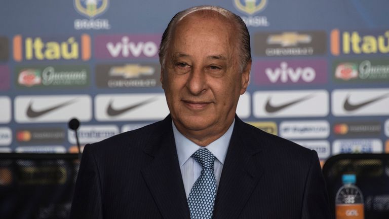 The president of the Brazilian Football Confederation (CBF) Marco Polo Del Nero is seen before the announcement of the list of players for the upcoming qua
