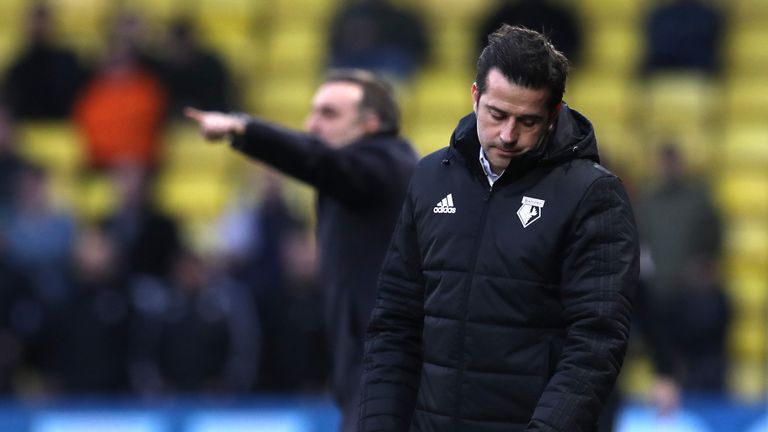 Marco Silva looks dejected during the Premier League match between Watford and Swansea City at Vicarage Road