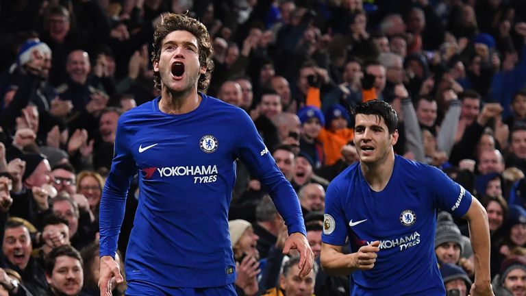 Chelsea's Marcos Alonso celebrates with Alvaro Morata after scoring their second goal