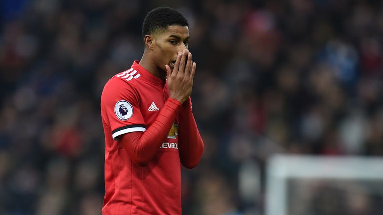Manchester United's English striker Marcus Rashford reacts to a missed chance during the English Premier League football match between West Bromwich Albion