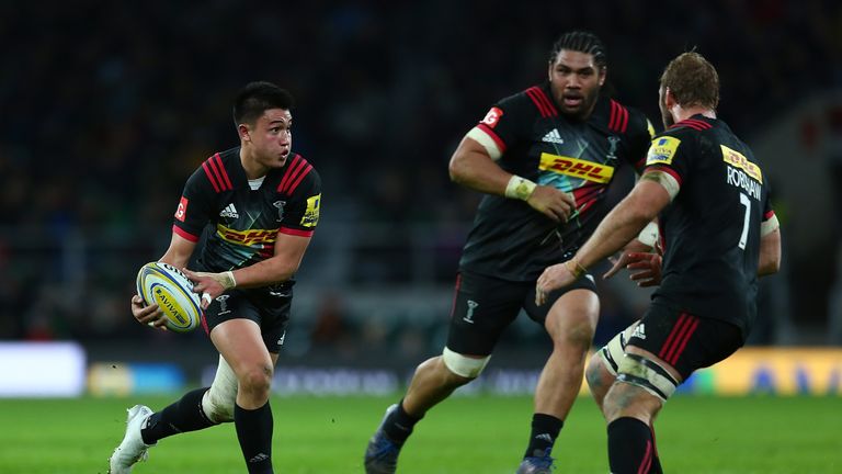 LONDON, ENGLAND - DECEMBER 30 2017:  Marcus Smith of Harlequins makes a break during the Aviva Premiership Big Game 10 match against Northampton 