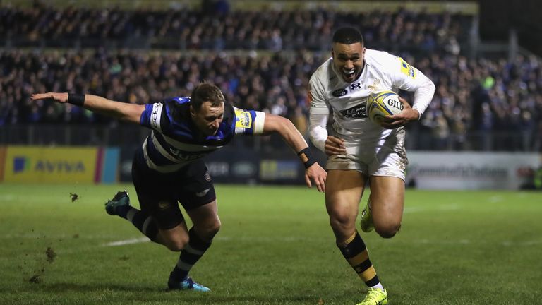 Wasps' Marcus Watson breaks clear of Jack Wilson to score his second try