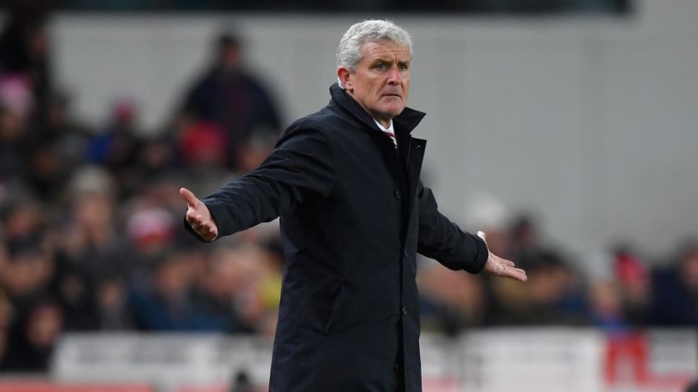Stoke City manager Mark Hughes reacts during the Premier League match against Liverpool