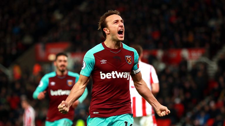 Mark Noble makes it 1-0 to West ham at the Bet365 Stadium