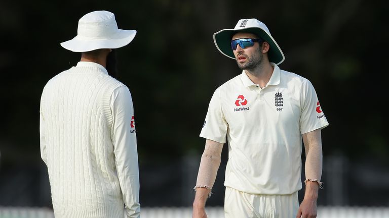 PERTH, AUSTRALIA - DECEMBER 09: Moeen Ali speaks to bowler Mark Wood of England during the Two Day tour match between the Cricket Australia CA XI and Engla
