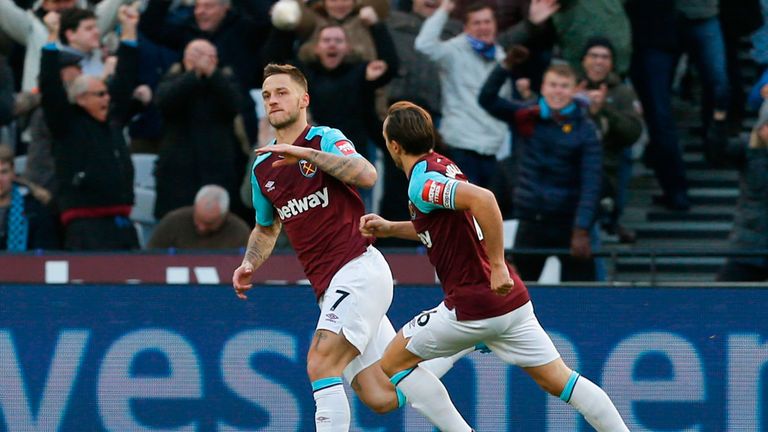 Marko Arnautovic celebrates his goal with Mark Noble