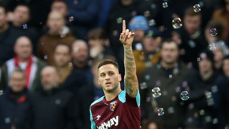 Marko Arnautovic celebrates after scoring West Ham's first goal