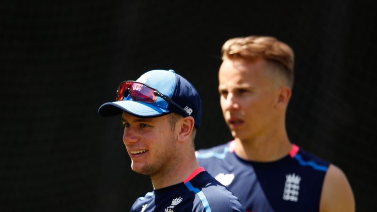 MELBOURNE, AUSTRALIA - DECEMBER 23:  Mason Crane and Tom Curran prepare to bowl during an England nets session at the Melbourne Cricket Ground on December 