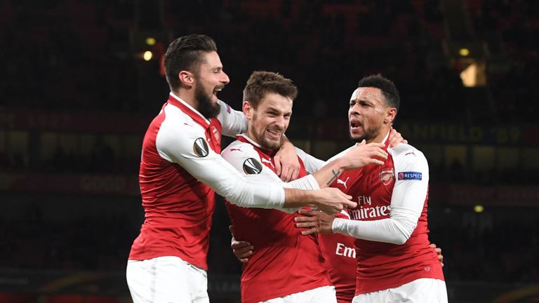 DEC 07/17:  (2ndL) Mathieu Debuchy celebrates scoring with (L) Olivier GIroud and (R) Francis Coquelin in Europa League game against BATE Borisov.