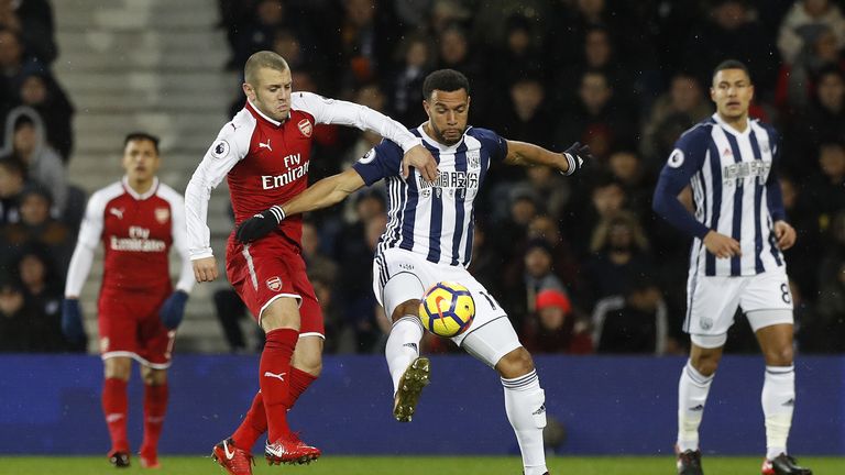 West Bromwich Albion's Matt Phillips and Arsenal's Jack Wilshere battle for the ball during the Premier League match at The Hawthorns, West Bromwich