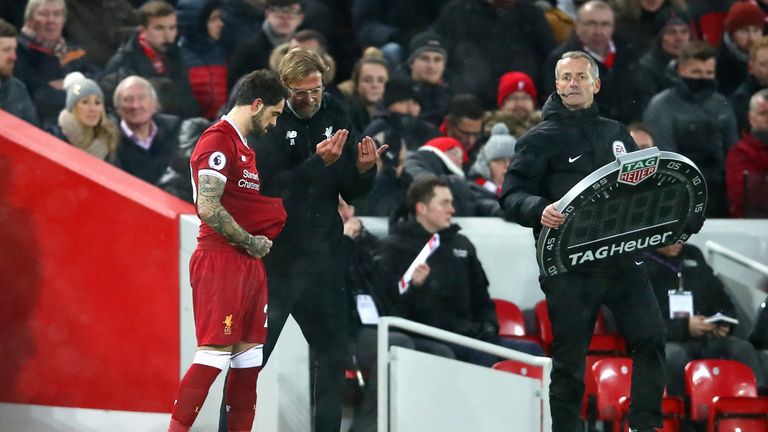 Danny Ings prepares to come on during the Merseyside derby at Anfield