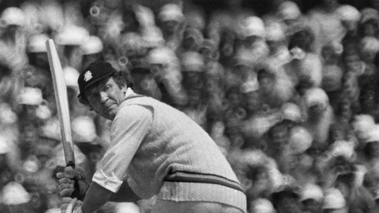 Scottish cricketer Mike Denness hits a century in the Sixth Test at Melbourne, Australia, February 1975. (Photo by Keystone/Hulton Archive/Getty Images)