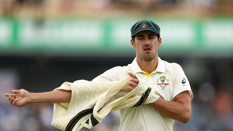 PERTH, AUSTRALIA - DECEMBER 18:  Mitchell Starc of Australia looks on during day five of the Third Test match during the 2017/18 Ashes Series between Austr