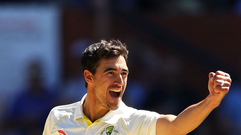 Mitchell Starc celebrates taking the wicket of Jonny Bairstow during day five of the second Ashes test